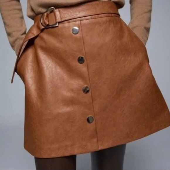 Zara Dresses & Skirts - Zara Brown Leather Skirt Size S with Button Detail